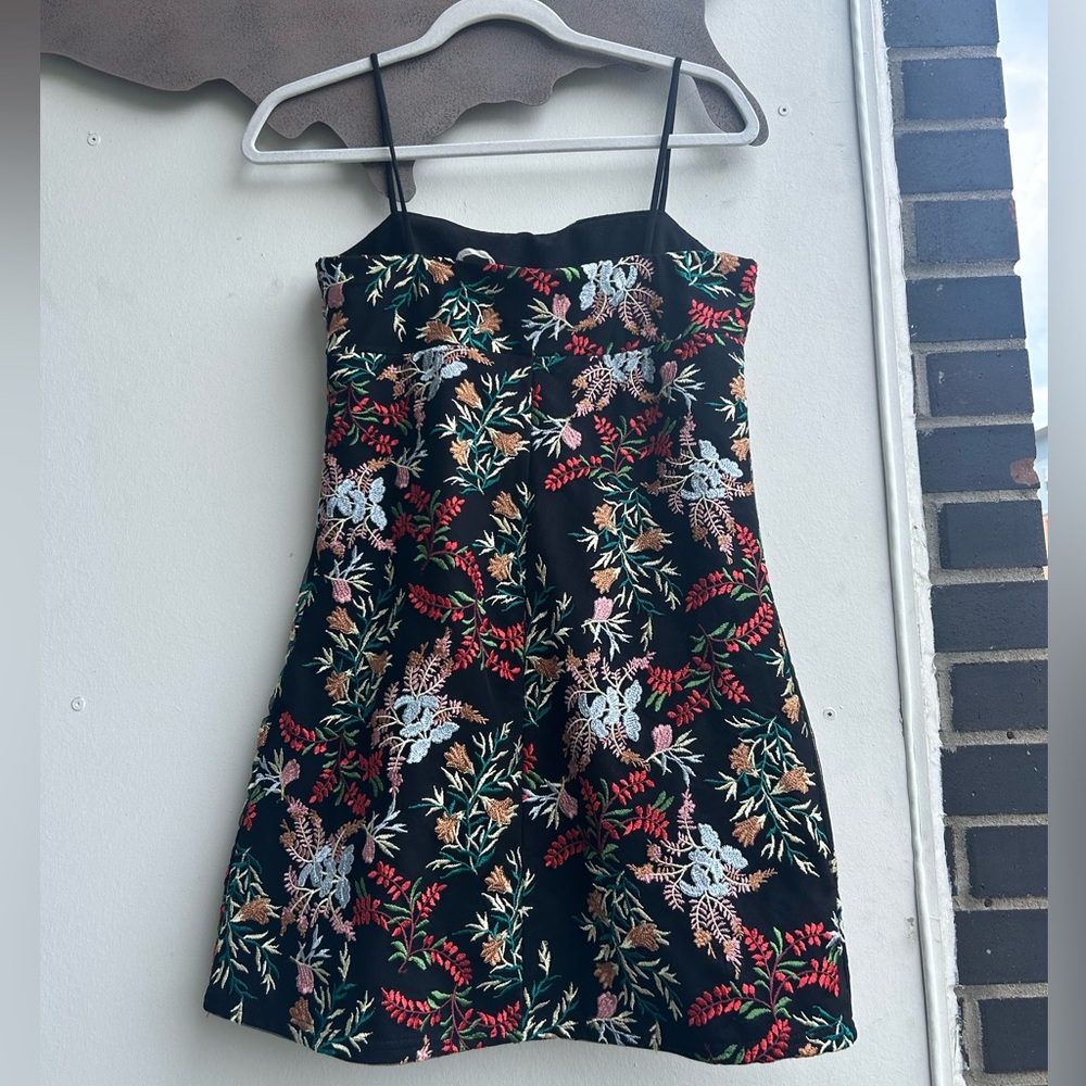 Urban Outfitters Ponte Embroidered Straight-Neck Spaghetti Strap Mini Dress